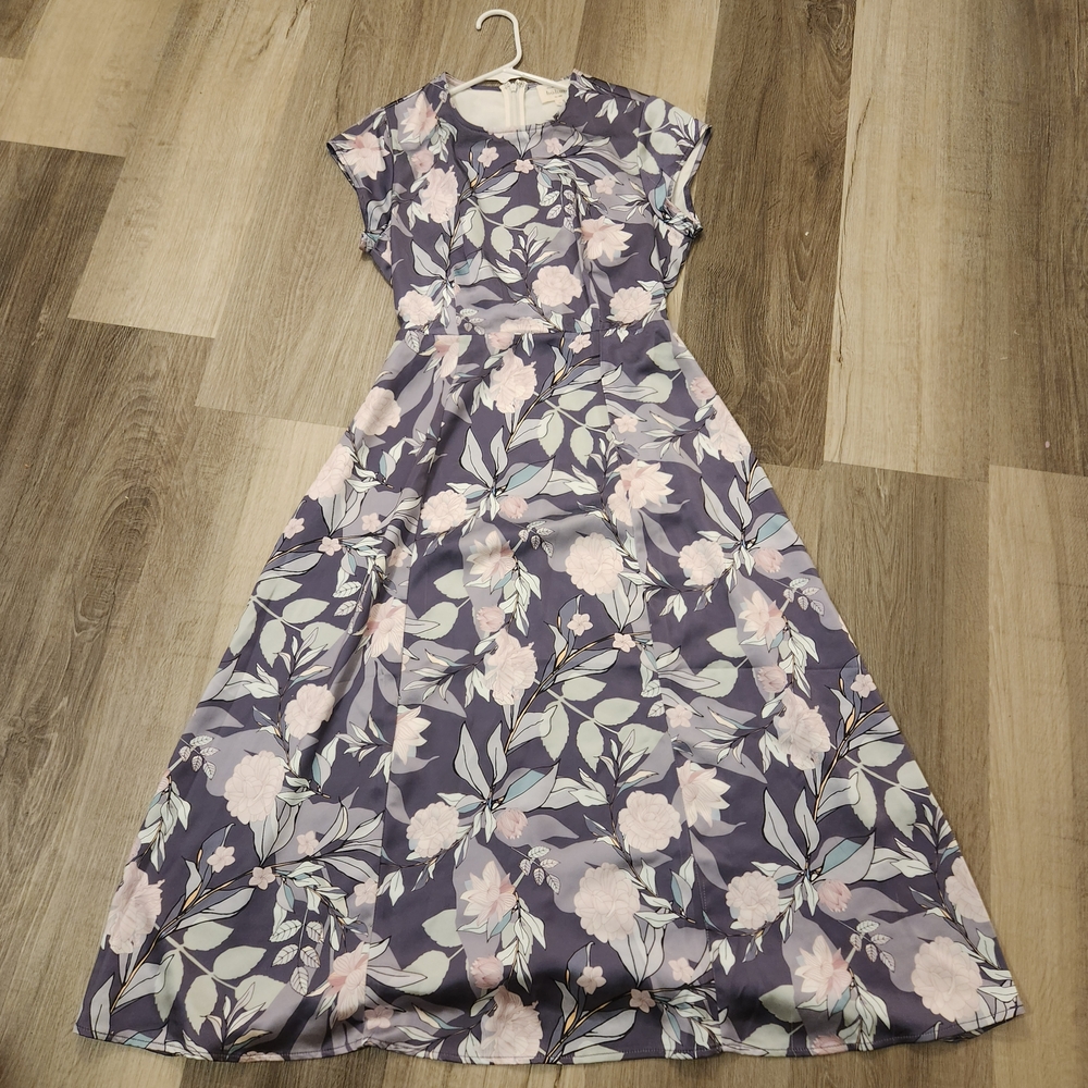 Böhme Floral Midi Dress Women's Medium Purple Pink Short Sleeve Smocked Waist - Picture 5 of 14